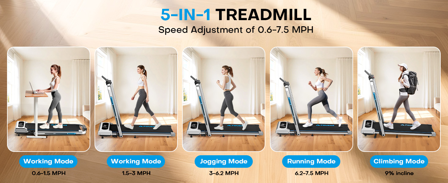 2-in-1 treadmill demonstration showing multiple exercise positions and configurations, with a person demonstrating walking and running positions on the folding device.