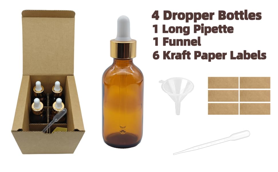 4 pcs 2 oz dropper bottle with pipette funnel labels