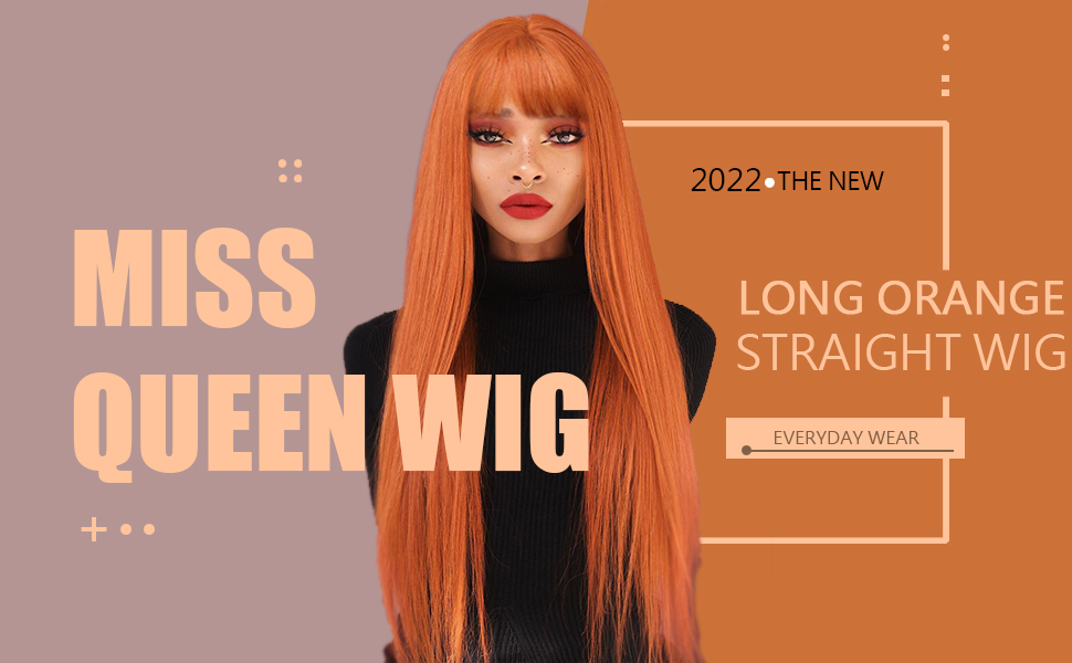 MISSQUEEN Long Orange Wig with Bangs,Straight Orange Wigs