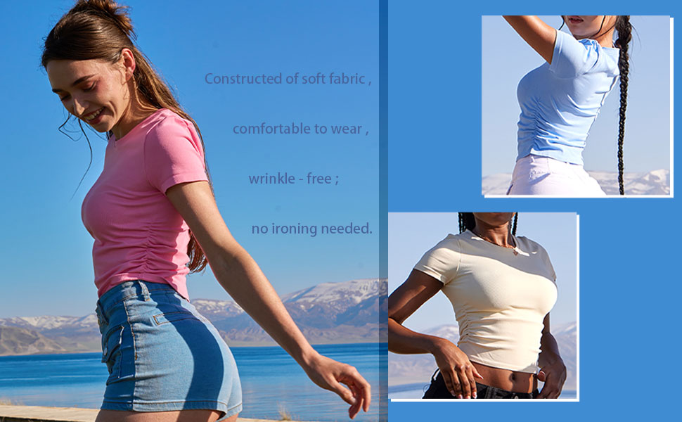 قمصان نسائية من قطعتين باكمام قصيرة ورقبة دائرية ضيقة مكشكشة قابلة للتمدد 19 1