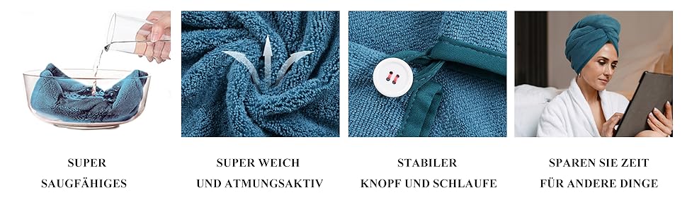 Produktvorführung auf vier Paneelen mit den Eigenschaften des Mikrofaser-Handtuchs: supersaugfähiger Stoff, detaillierte Webstruktur, Knopfverschluss und Bedienungsanleitung