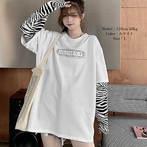 Amazon | 【ブラック／M】レディース Tシャツ トップス 重ね着風