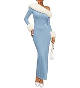ZESICA Women's 2025 Fall Off Shoulder Sweater Dress Formal Long Sleeve Faux Fur Knit Bodycon Side...