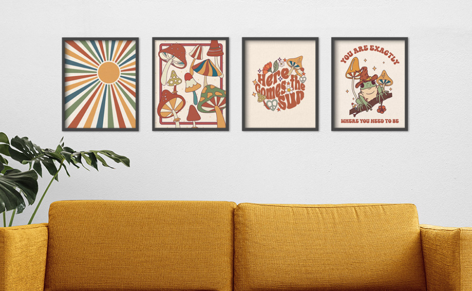 Putuo Decor Retro Wall Art Set of 4, Vintage Frog Mushroom