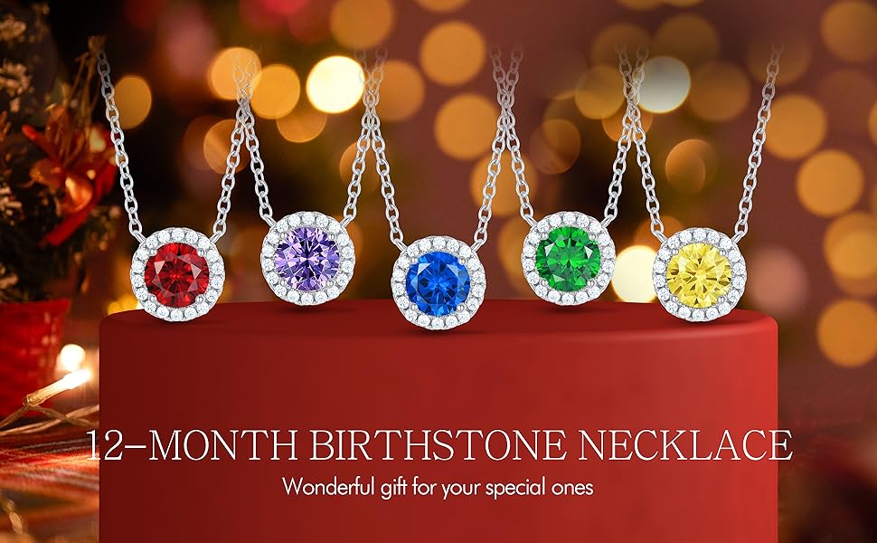 925 Sterling Silver Birthstone Round Solitaire Pendant Dainty Halo Necklace for Women