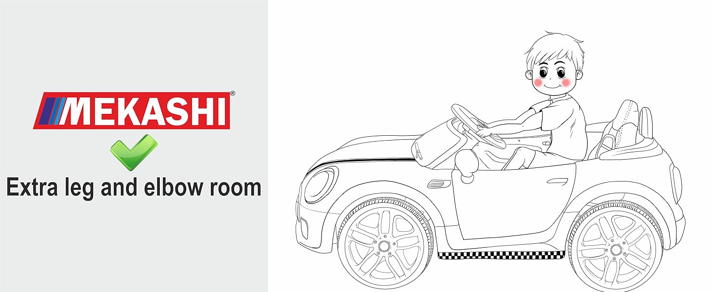 Mekashi battery car for kids with extra leg and elbow room
