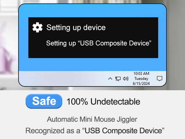 Computer screen showing 'Setting up device' message for 'USB Composite Device'. Below, text describes it as an undetectable automatic mini mouse jiggler.
