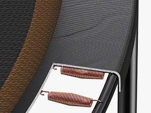 Close-up of chair or furniture mechanism, showing metal springs and fabric or leather upholstery in black, brown, and gray textures.