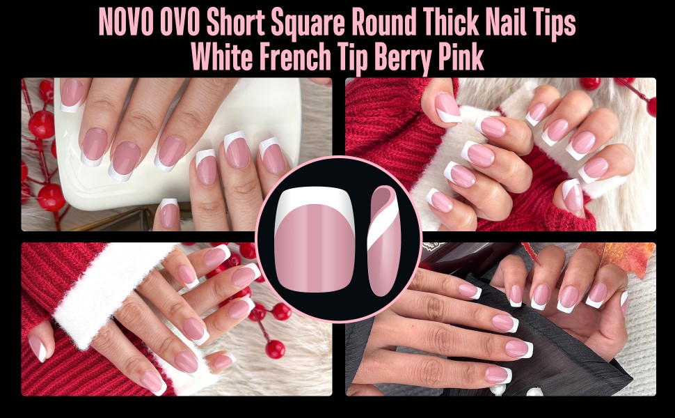 Short Square Round Thick Nail Tips White French Tip Berry Pink