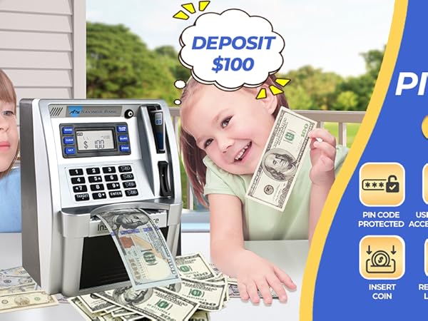 atm piggy bank for kids real money safe box digital coins bills machine card