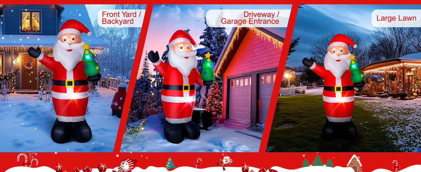 Three inflatable Santa Claus decorations in outdoor settings: one in front of a snowy house, another by a Christmas tree, and the third on a snowy lawn.
