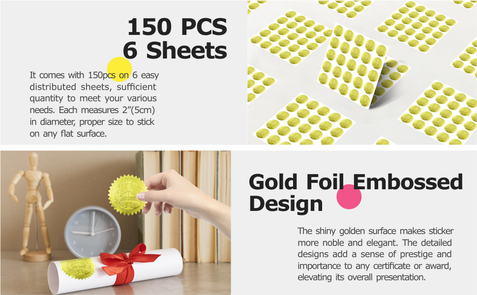 150 PCS Award Certificate Seals, Gold Foil Embossed Official Seal of