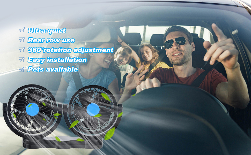 NTC Car Fan 12V 360 Degree Rotatable Dual Head 2 Speed Quiet Strong