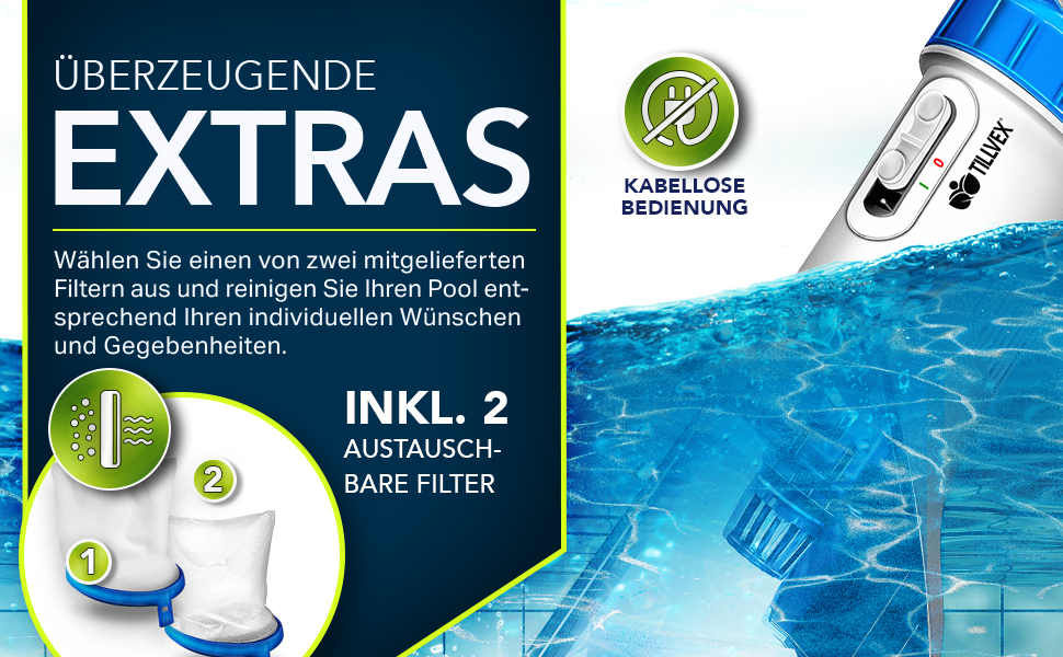 Zwembadfiltersysteem met draadloze bediening. Tot de functies behoren twee verwisselbare filters en een blauw apparaat met digitaal display voor zwembadonderhoud