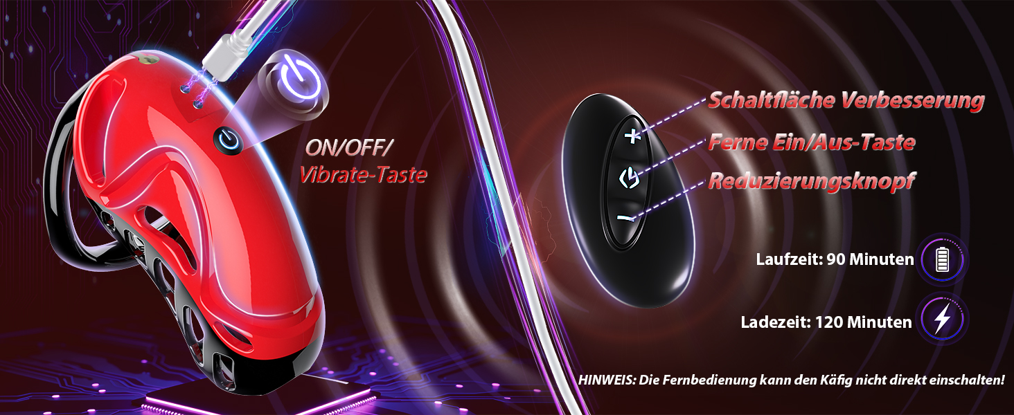 Der Text lautet „EIN/AUS“. Reihe dunkler Produktbilder, die ein rot beleuchtetes Gerät vor schwarzem Hintergrund mit sichtbaren Bedienelementen an der Benutzeroberfläche zeigen.