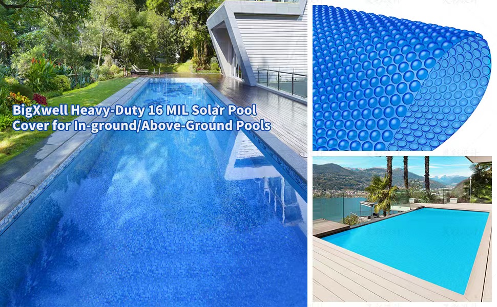 BigXwell Solar Pool Cover, Blue 16mil 16 x 32 Foot Rectangle Pool Heaters for