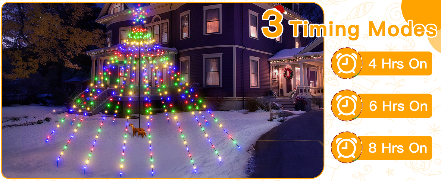Text reads '3 Timing Modes', '4 Hrs On', '6 Hrs On', '8 Hrs On'. Outdoor holiday light display showing multicolored LED string lights on house with timing mode indicators.