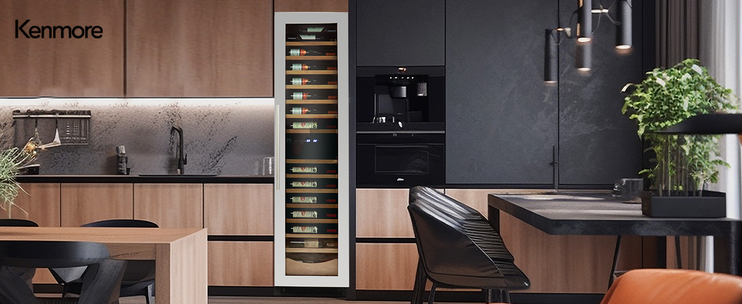 Kenmore Elite 111 bottle front-venting dual zone wine fridge installed in a modern looking kitchen