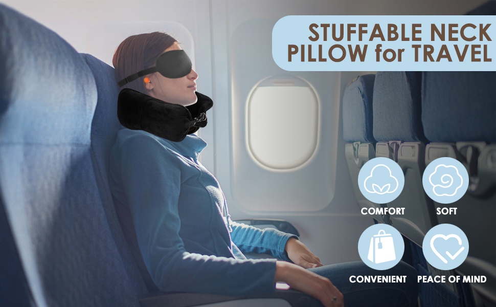 présenté dans un décor d'avion, avec des icônes de confort, de douceur, de commodité et de tranquillité d'esprit.