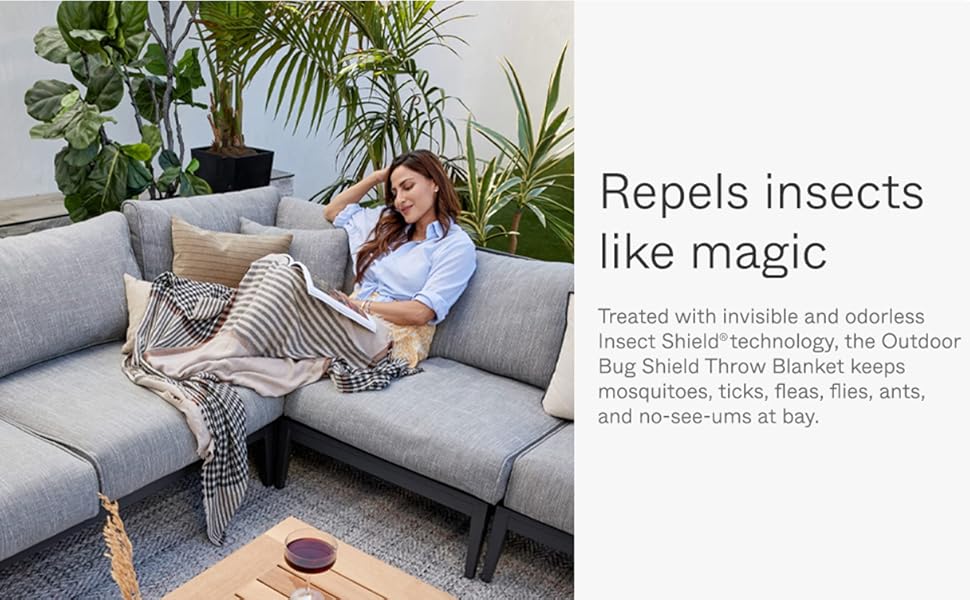 Treated with invisible and odorless Insect Shield, the Bug Shield Throw Blanket keeps bugs at bay.
