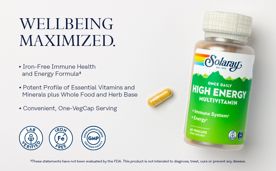 Solaray Once Daily High Energy Multivitamin Iron Free Complete Multi w/ Whole Food Herb Base Non-GMO