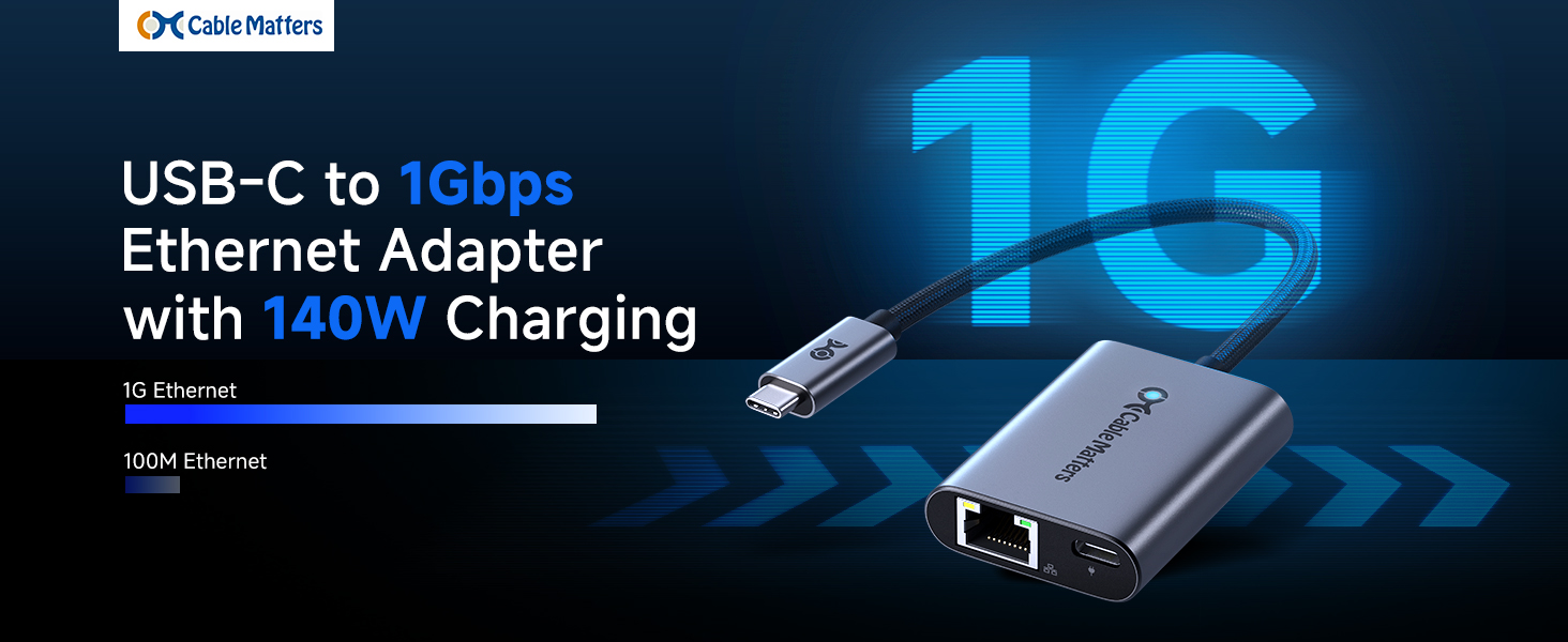 Cable Matters USB C to Ethernet adapter with 140W charging for MacBook Pro