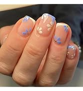 White French Press on Nails Short Square Fake Nails 24 Pcs Kit False Nails with Flowers Designs P...