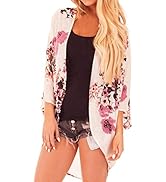 FINOCEANS Womens Floral Chiffon Kimono Cardigans Loose Beach Cover Up Half Sleeve Tops
