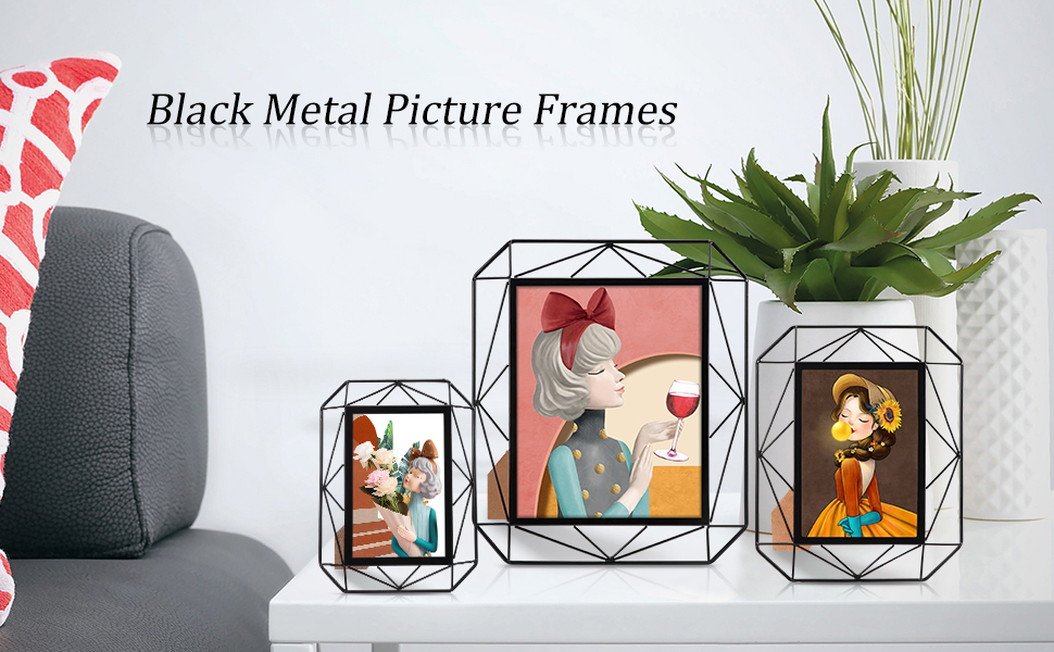 4x6 Picture Frame Set of 2, Black Metal Photo Frames for 4