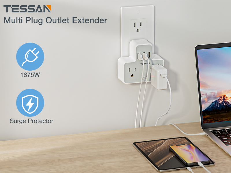 Multi Plug Outlet Extender with USB, TESSAN Wall Plug with 2 Outlet