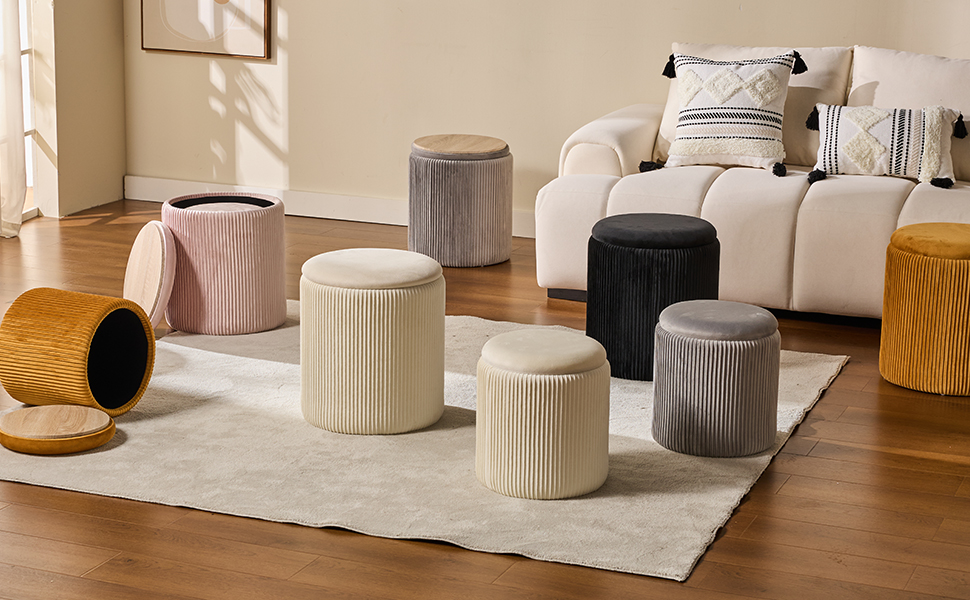 BLEXA Opberg Ottomanen Set Van 2 - Fluweel, Rond, Voor Woonkamer En Slaapkamer (Wit)