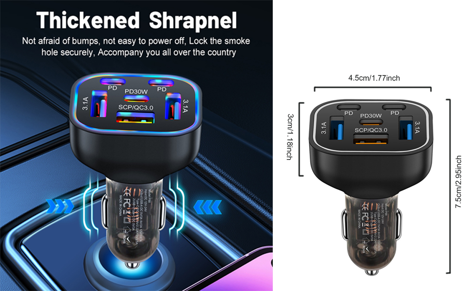 12V usb outlet type c car charger in portable size