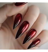 SINHOT Stiletto Press on Nails Gothic Long Fake Nails Glossy Glue on Nails Goth Black Red Ombre A...