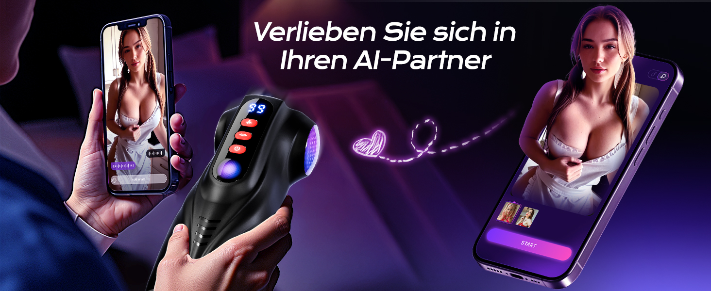 Der Text lautet „Verlieben Sie sich in Ihren AI-Partner“. Digitale Werbung mit Smartphone-Displays mit lila getönter Beleuchtung und Benutzeroberflächenelementen.