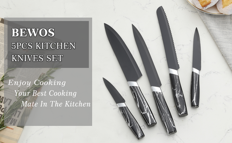 BEWOS Kitchen Knife Set, 5PCS Black Knife Set without Block