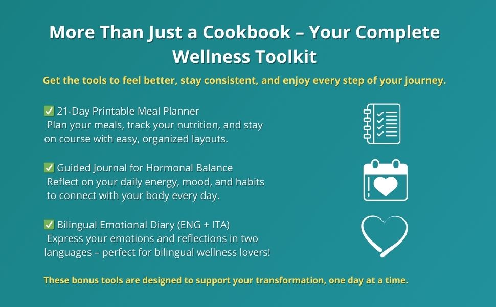 Meal planner, hormone journal, and bilingual diary for full wellness support.