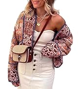 Omoone Women's Cropped Floral Quilted Jacket Cardigan Printed Lightweight Open Front Padded Puffe...