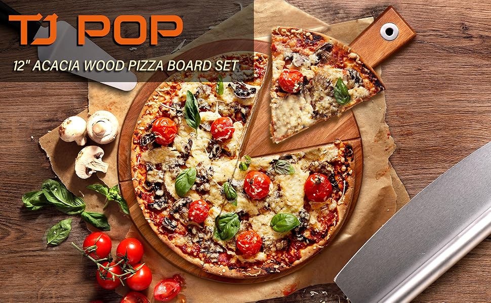 Pizza Peel 12 Inch with Pizza Cutter Pizza Paddle Acacia Wood Cutting Board Cheese Serving Board