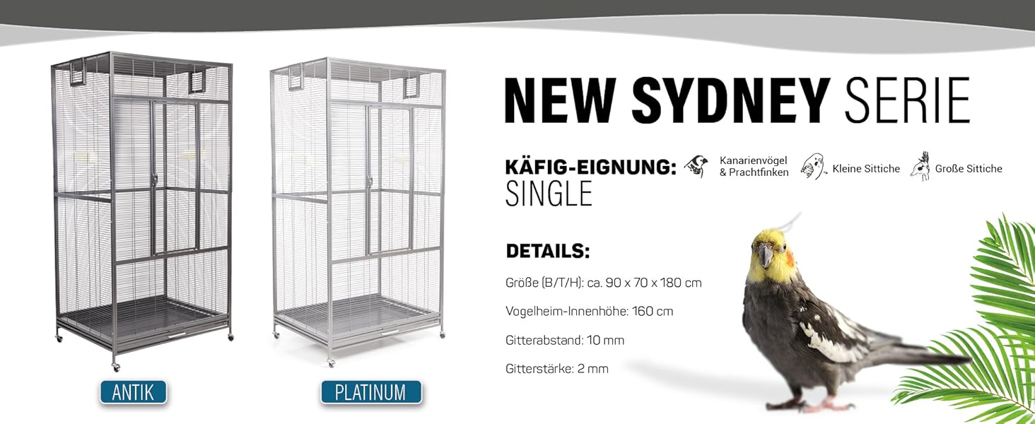 Zwei Vogelkäfige aus Drahtgeflecht mit der Aufschrift „New Sydney Series“. Die Produktdetails zeigen Abmessungen von 41 x 41 x 156 cm. Die Bilder zeigen einen Nymphensittich, der in der Nähe thront