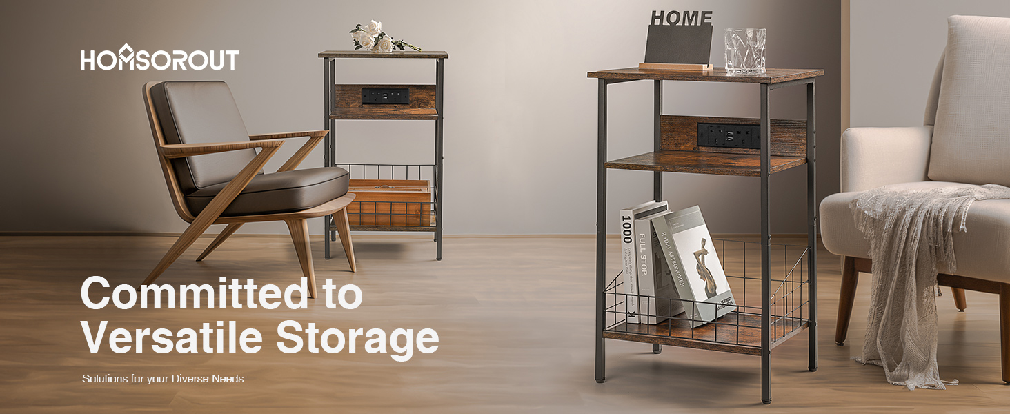 Homsorout Side Table with Charging Station, 3Tier Sofa Side Tables