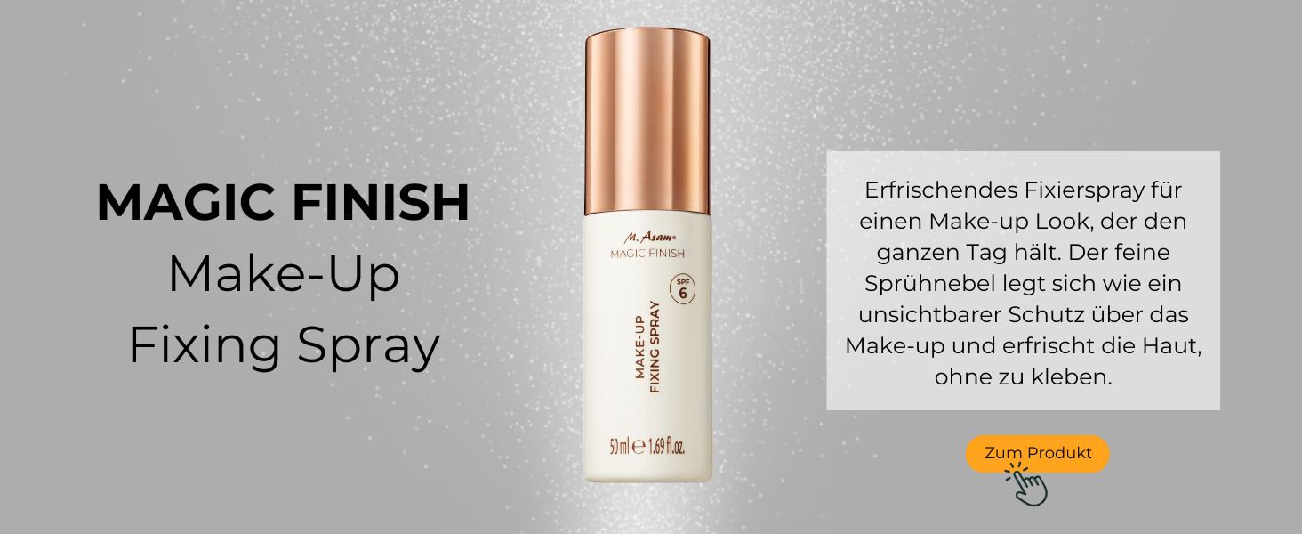 Magic Finish Make-up-Fixierspray in einer Glasflasche mit roségoldener Metallkappe auf grauem Hintergrund.