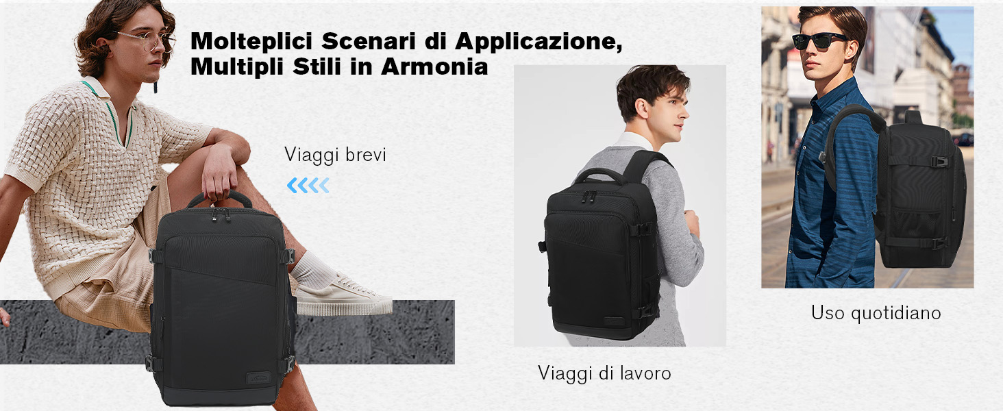 Immagine composita che mostra uno zaino nero in tre scenari: abbigliamento casual, viaggi d'affari e uso quotidiano. I modelli dimostrano la versatilità in diversi stili