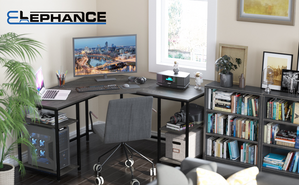 Elephance Large LShaped Desk with Shelves, Computer Corner