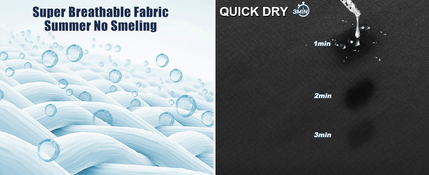 Split image showing breathable fabric with water droplets and quick-dry demonstration with water droplets on dark surface.
