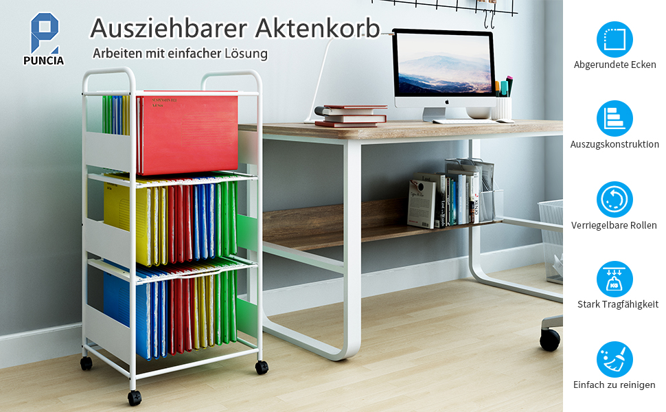 PUNCIA 3 Tiers Metal Rolling File Carts with Wheels Hanging Files for Letter Size Movable Pull