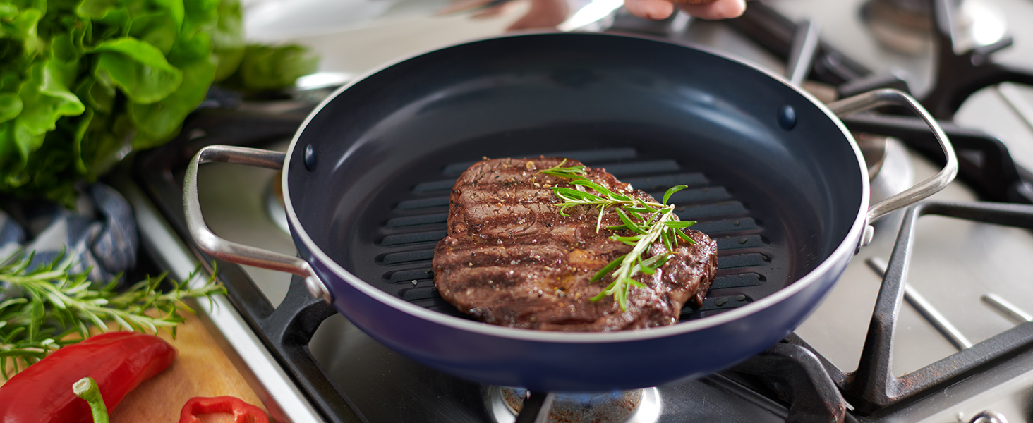 Blue Diamond Cookware Diamond Infused Ceramic Nonstick 28 cm Grill Pan with Glass Lid, PFASFree