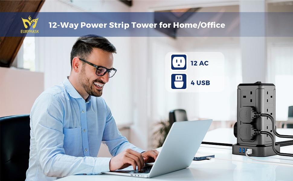 Extension Lead Tower 5M, 12 Way Outlets Tower Power Strip Surge