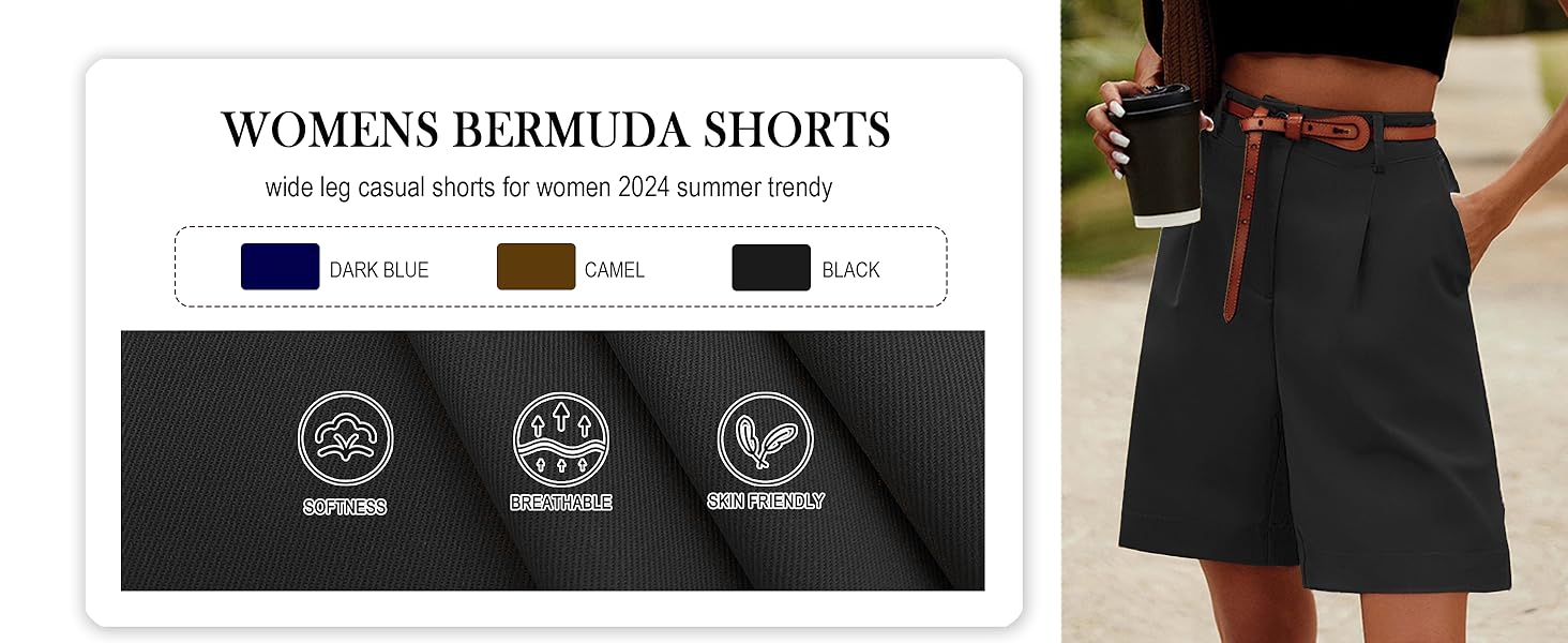 Shorts for Women Dressy Elastic High Waisted Knee Length Shorts Casual Wide Leg Summer Shorts Pocket