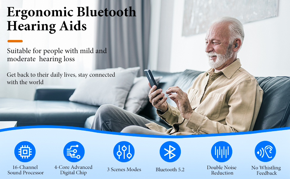 ergonomic hearing aids with bluetooth suitable for people with mild and moderate hearing loss