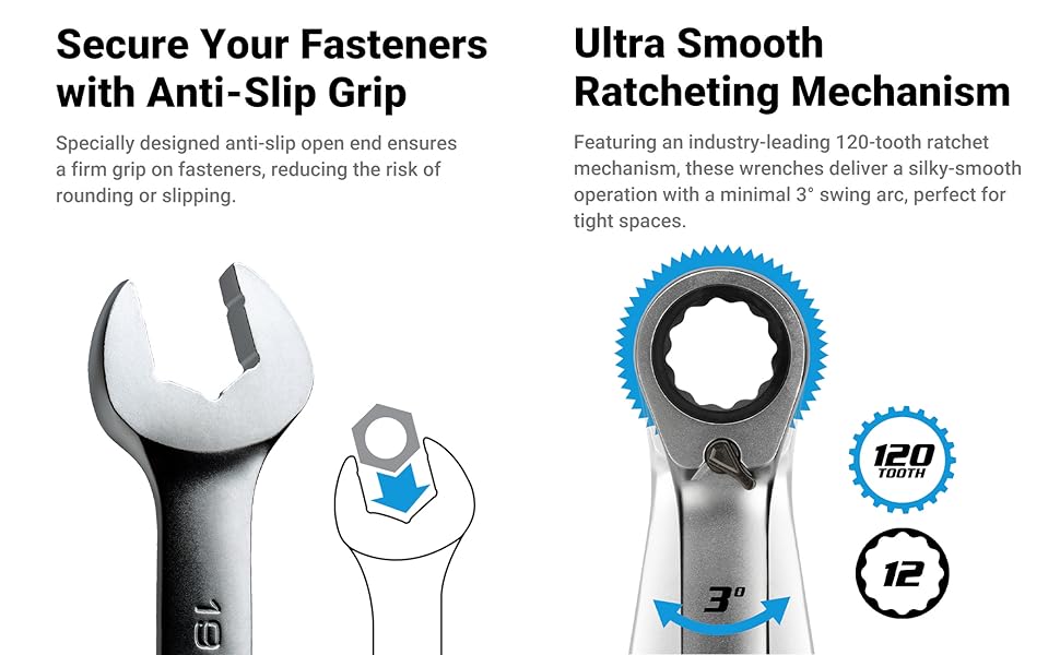 120-Tooth Ultra Smooth Ratcheting Wrenches Set with Mechanics Tray, Metric